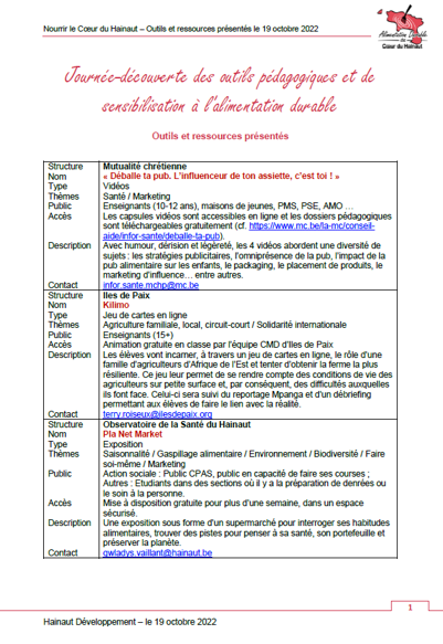 Liste d’outils pédagogiques et de sensibilisation Liste d’outils pédagogiques et de sensibilisation