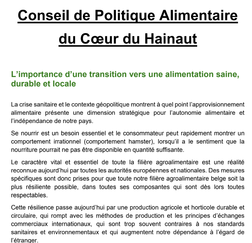 Note Conseil de Politique Alimentaire du Cœur du Hainaut